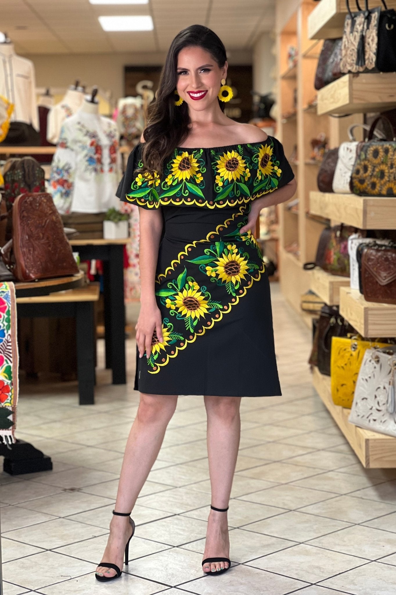 Mexican Off the Shoulder Sunflower Embroidered Dress. Vestido Girasoles - Solei Store