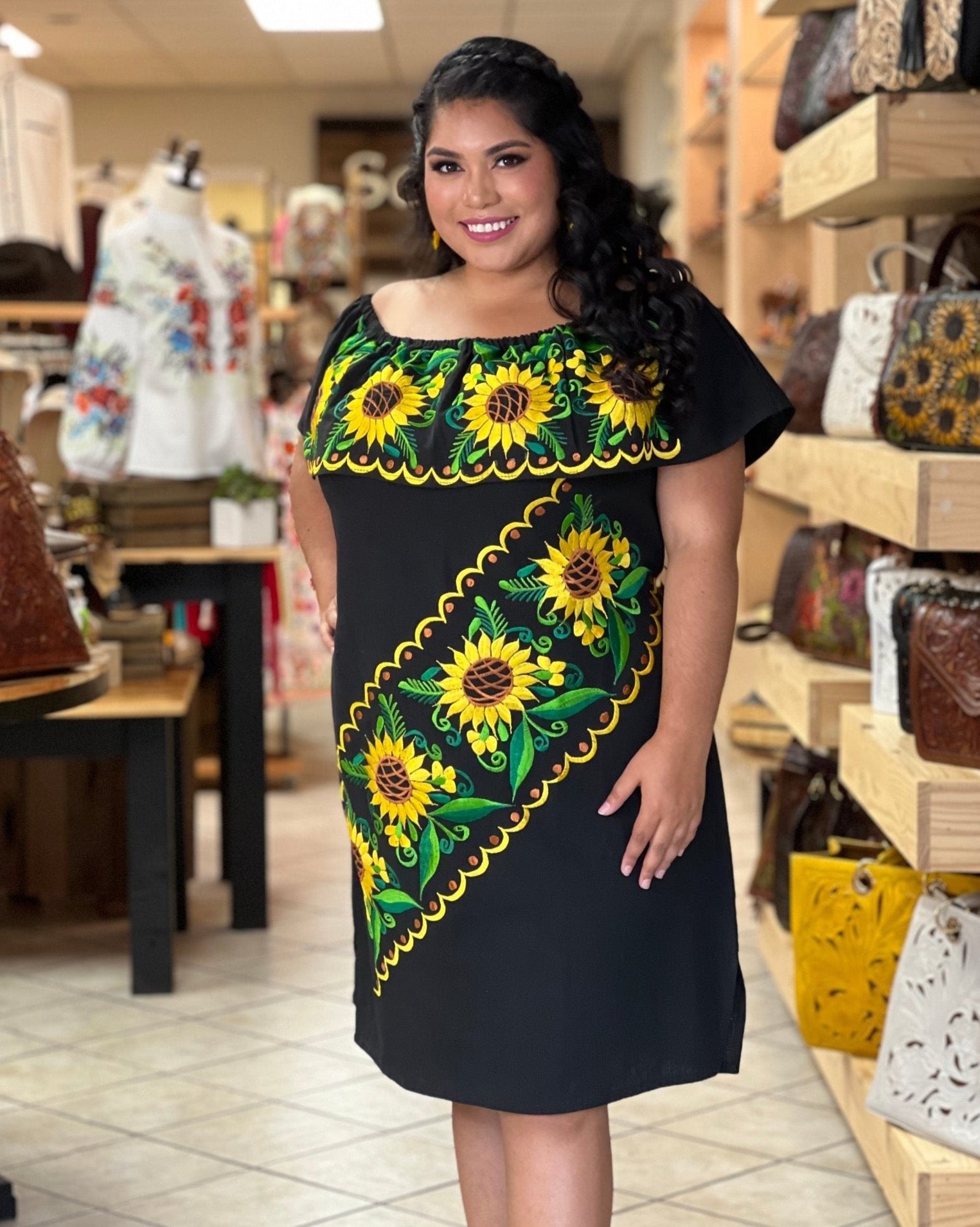 Mexican Off the Shoulder Sunflower Embroidered Dress. Vestido Girasoles - Solei Store