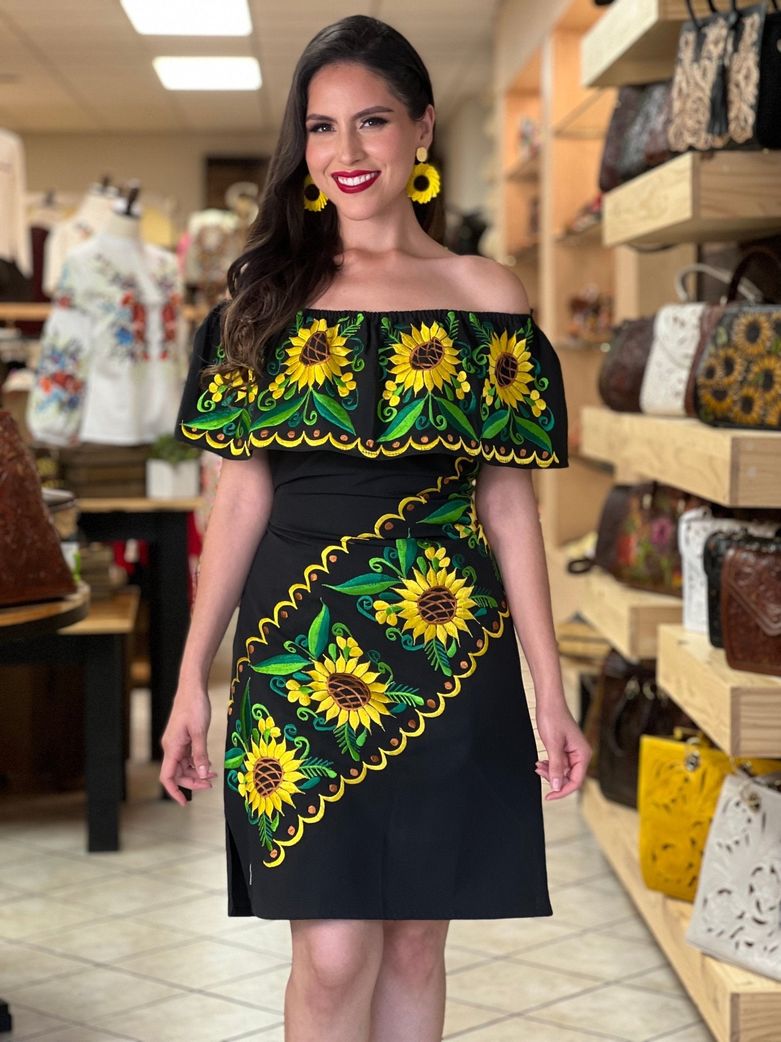 Mexican Off the Shoulder Sunflower Embroidered Dress. Vestido Girasoles - Solei Store