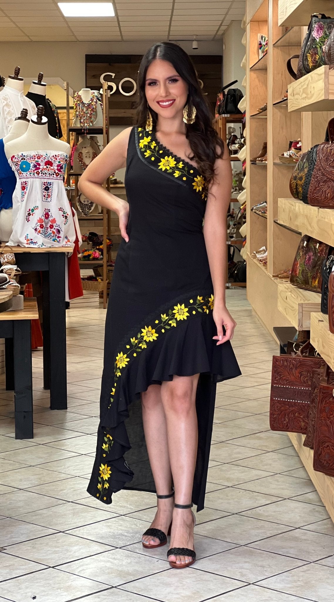 Mexican One Shoulder Sunflower Ruffle Dress. Vestido Ivette Girasol - Solei Store