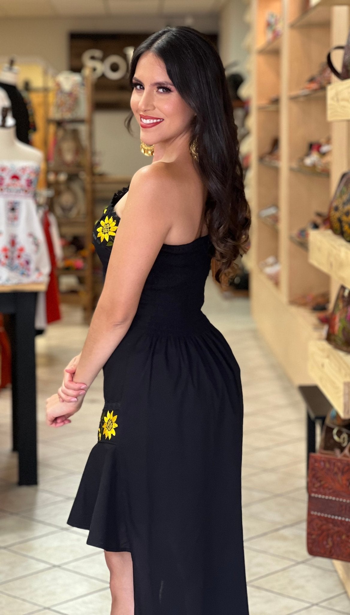 Mexican One Shoulder Sunflower Ruffle Dress. Vestido Ivette Girasol - Solei Store