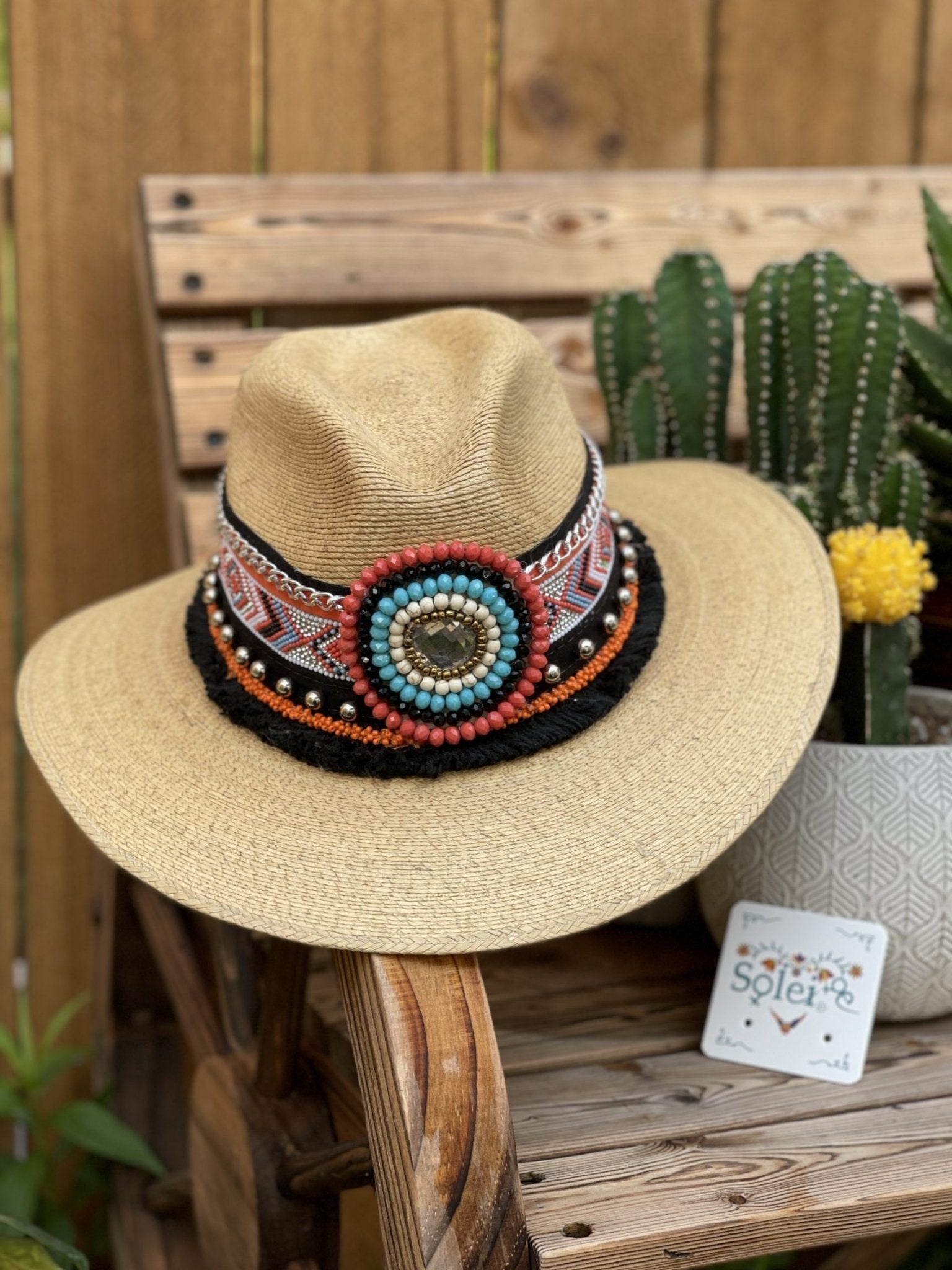 Mexican Palm Hat with Beaded Design - Solei Store