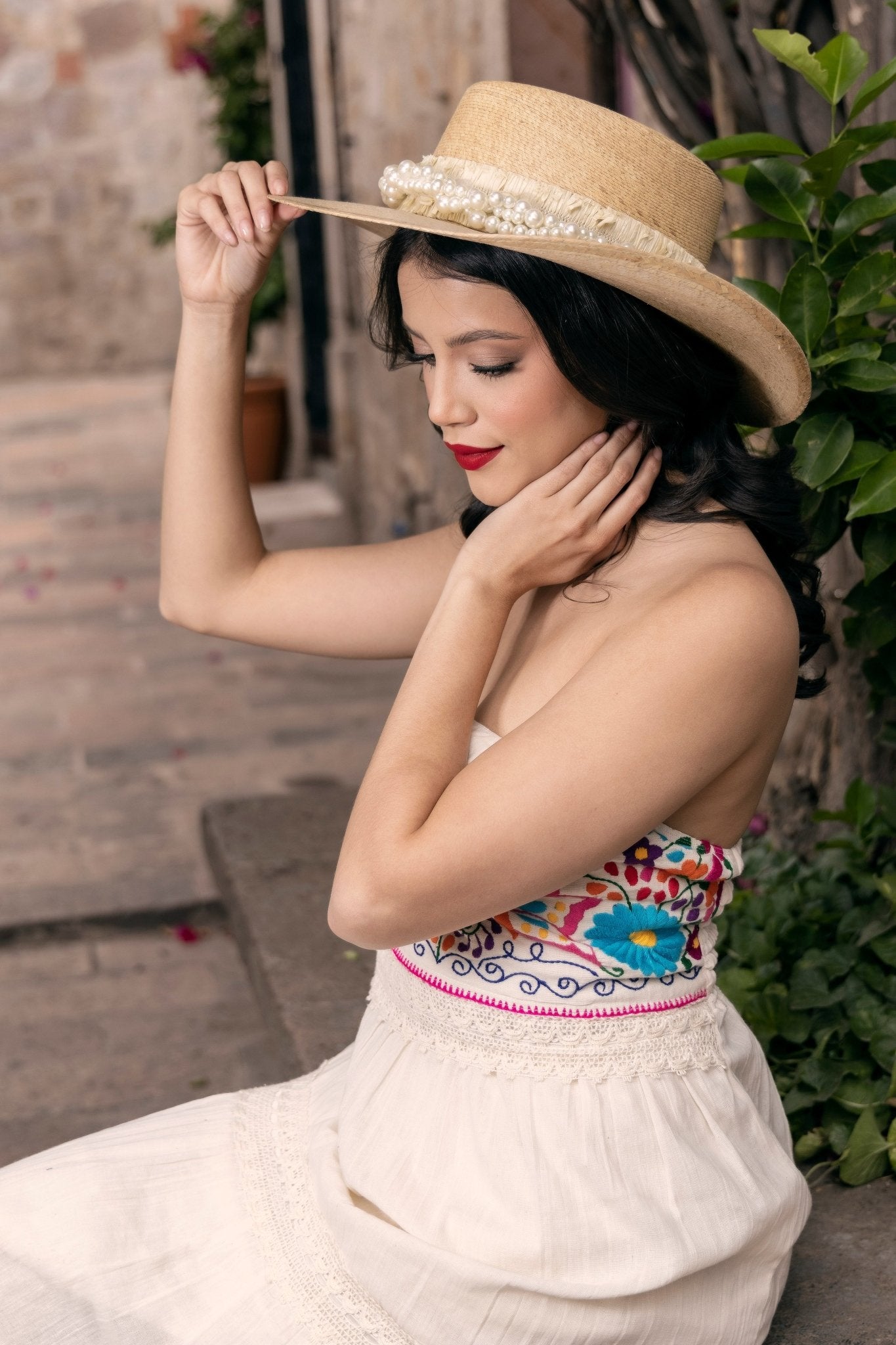 Mexican Palm Hat with Pearls. Sombrero Paula. - Solei Store