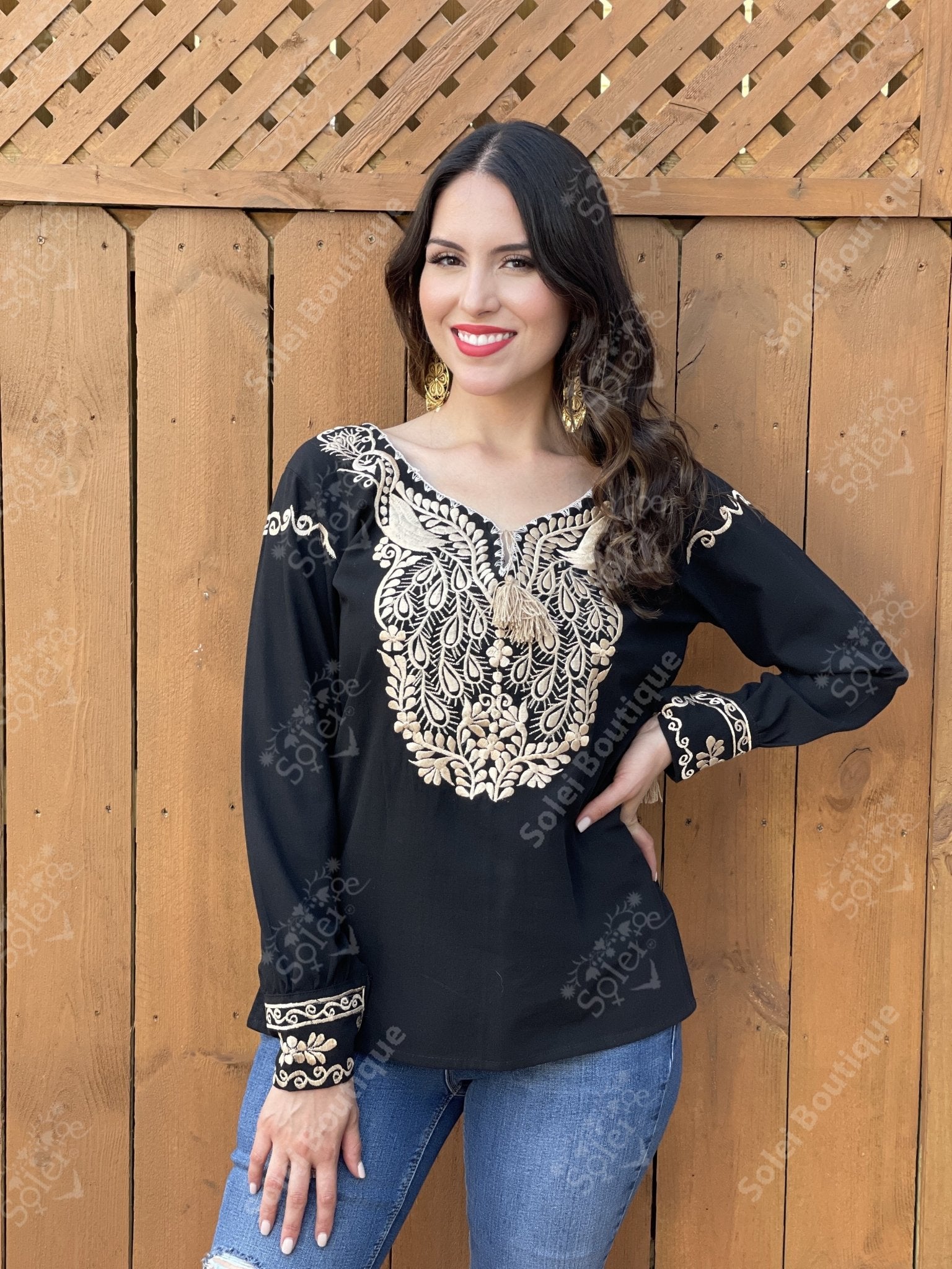 Mexican Peacock Embroidered Blouse. Golden Embroidered Blouse. Pavo Blouse. - Solei Store