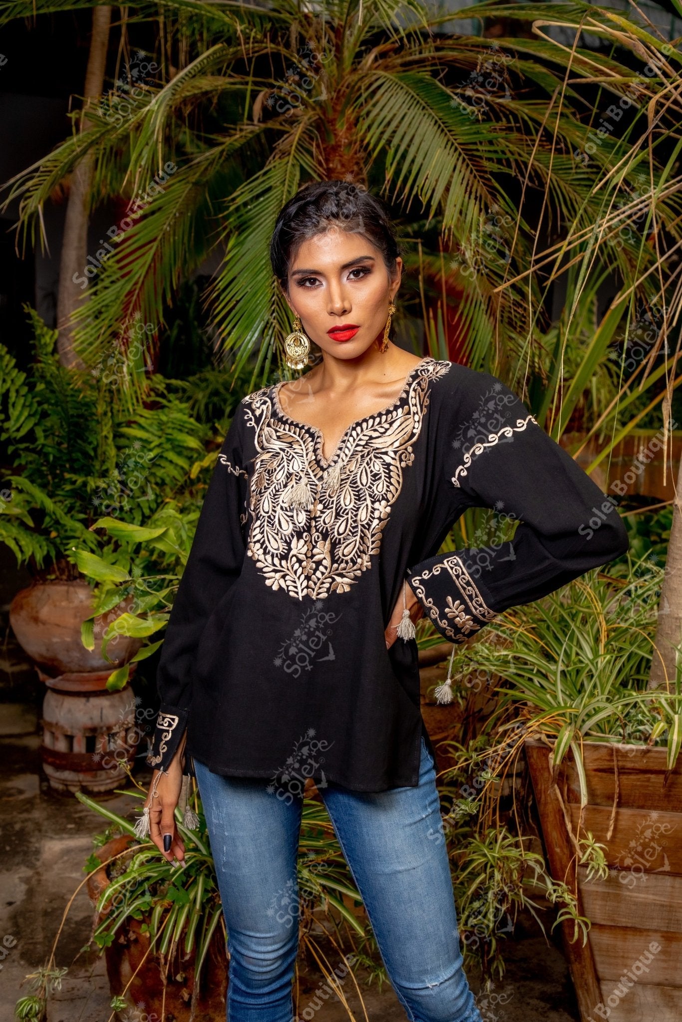 Mexican Peacock Embroidered Blouse. Golden Embroidered Blouse. Pavo Blouse. - Solei Store