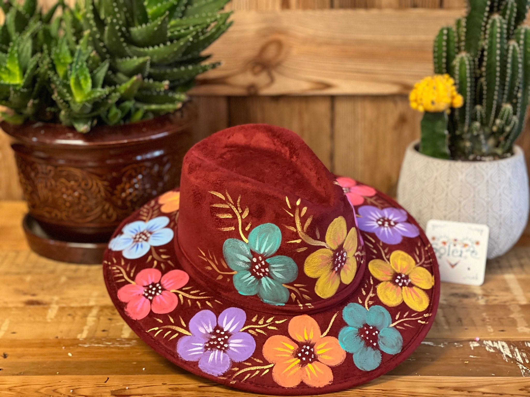 Mexican Suede Hand Painted Hat. Floral Artisanal Hat. Sombrero Flores. - Solei Store