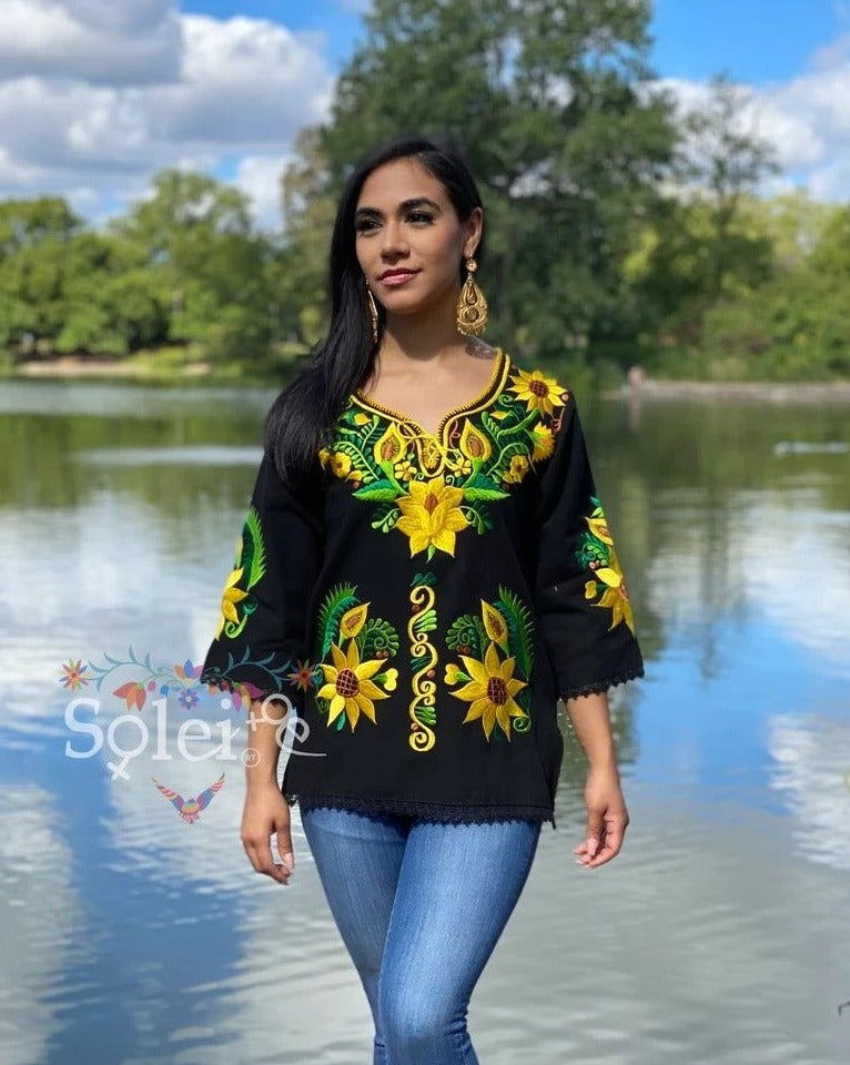 Mexican Sunflower Embroidered Blouse. Bluson Girasoles - Solei Store