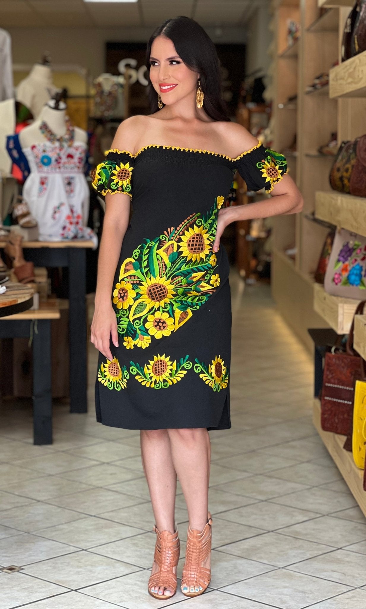 Mexican Sunflower Embroidered Dress. Eloisa Dress. - Solei Store