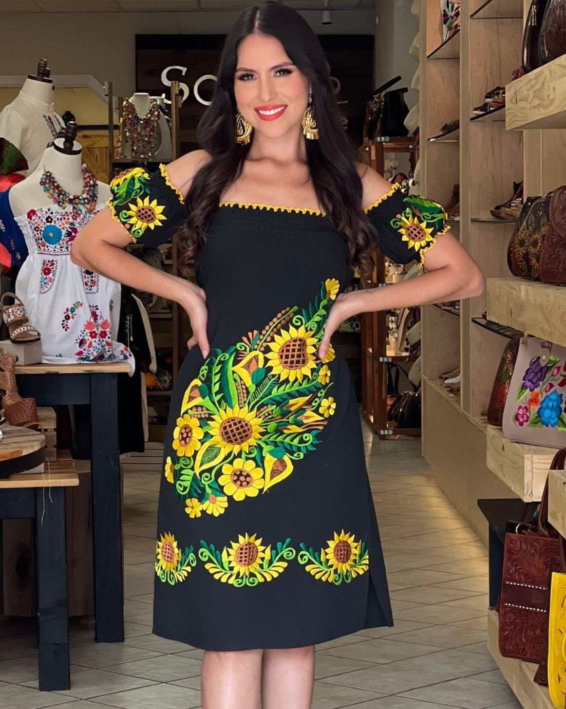 Mexican Sunflower Embroidered Dress in Black with Sunflowers