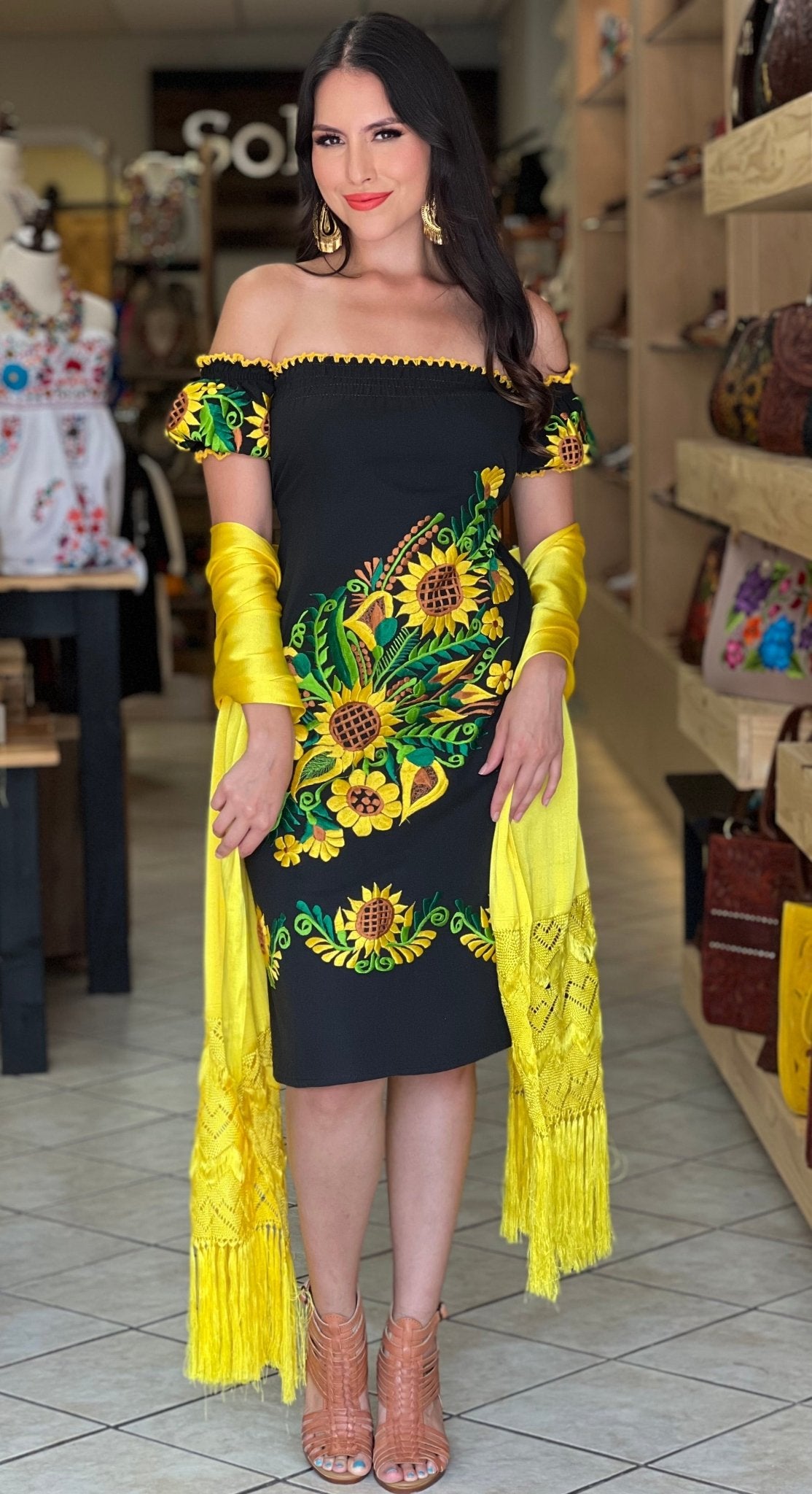 Mexican Sunflower Embroidered Dress. Eloisa Dress. - Solei Store