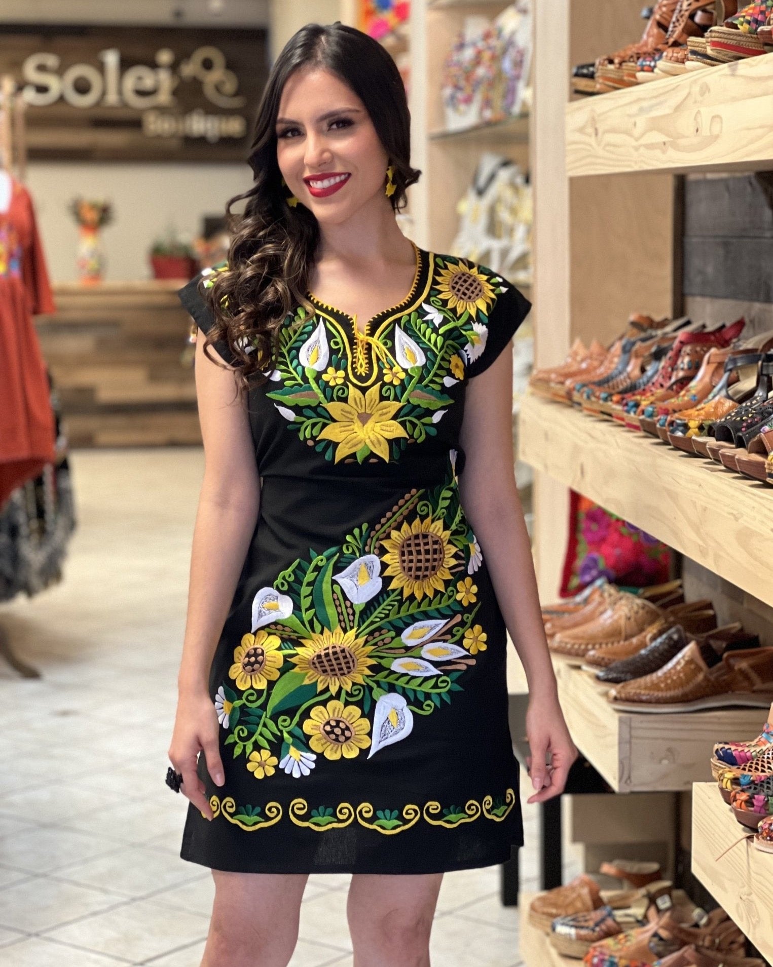 Mexican Sunflower Embroidered Dress. Kimono Guillermina Dress. - Solei Store
