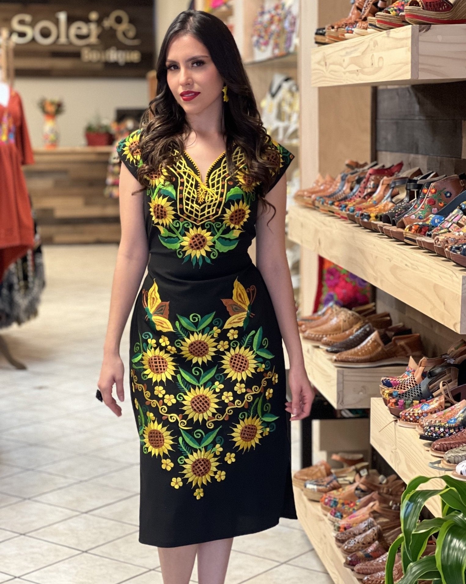 Mexican Sunflower Embroidered Dress. Long Kimono Sunflower Dress. - Solei Store