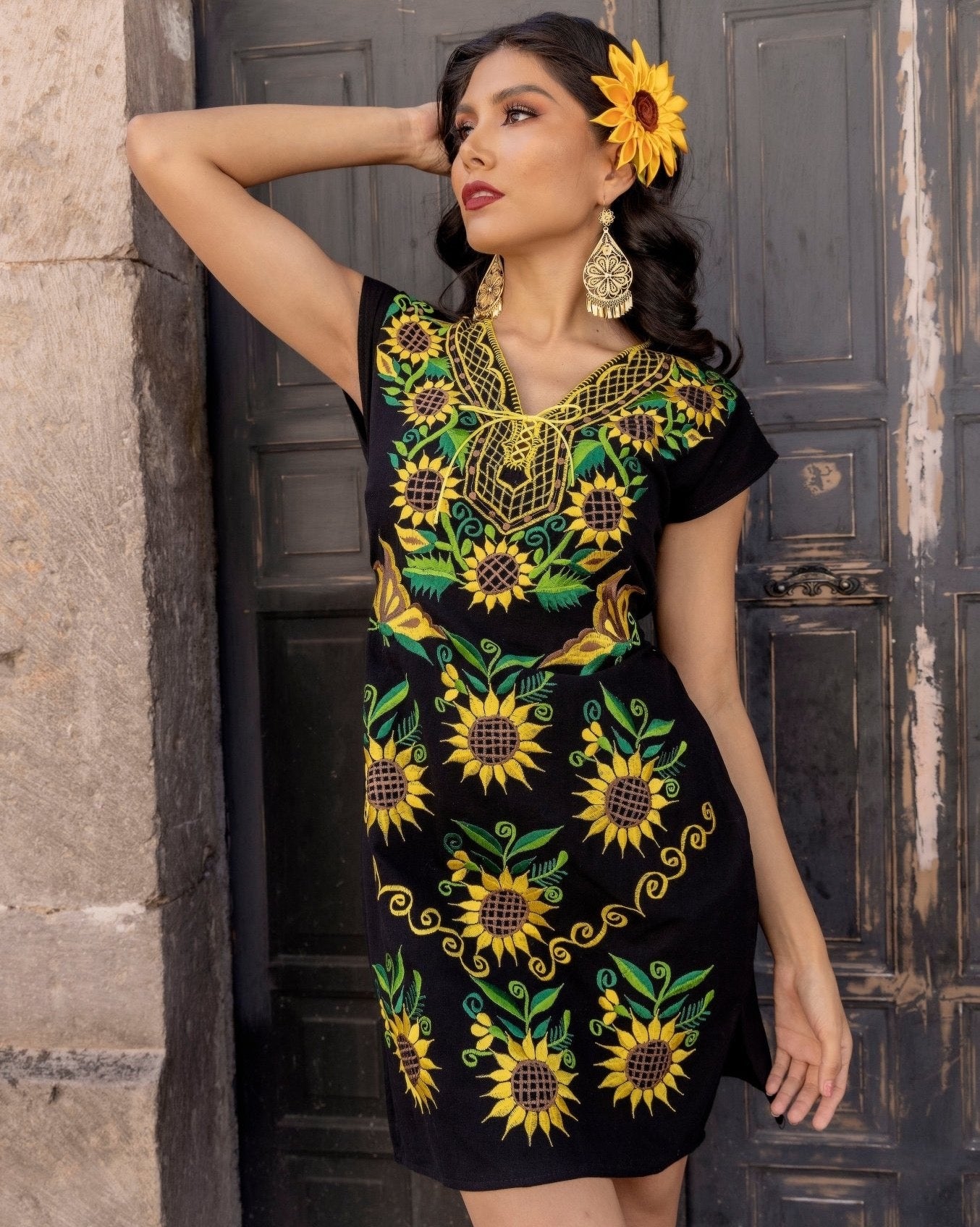 Mexican Sunflower Embroidered Dress. Short Kimono Sunflower Dress. - Solei Store