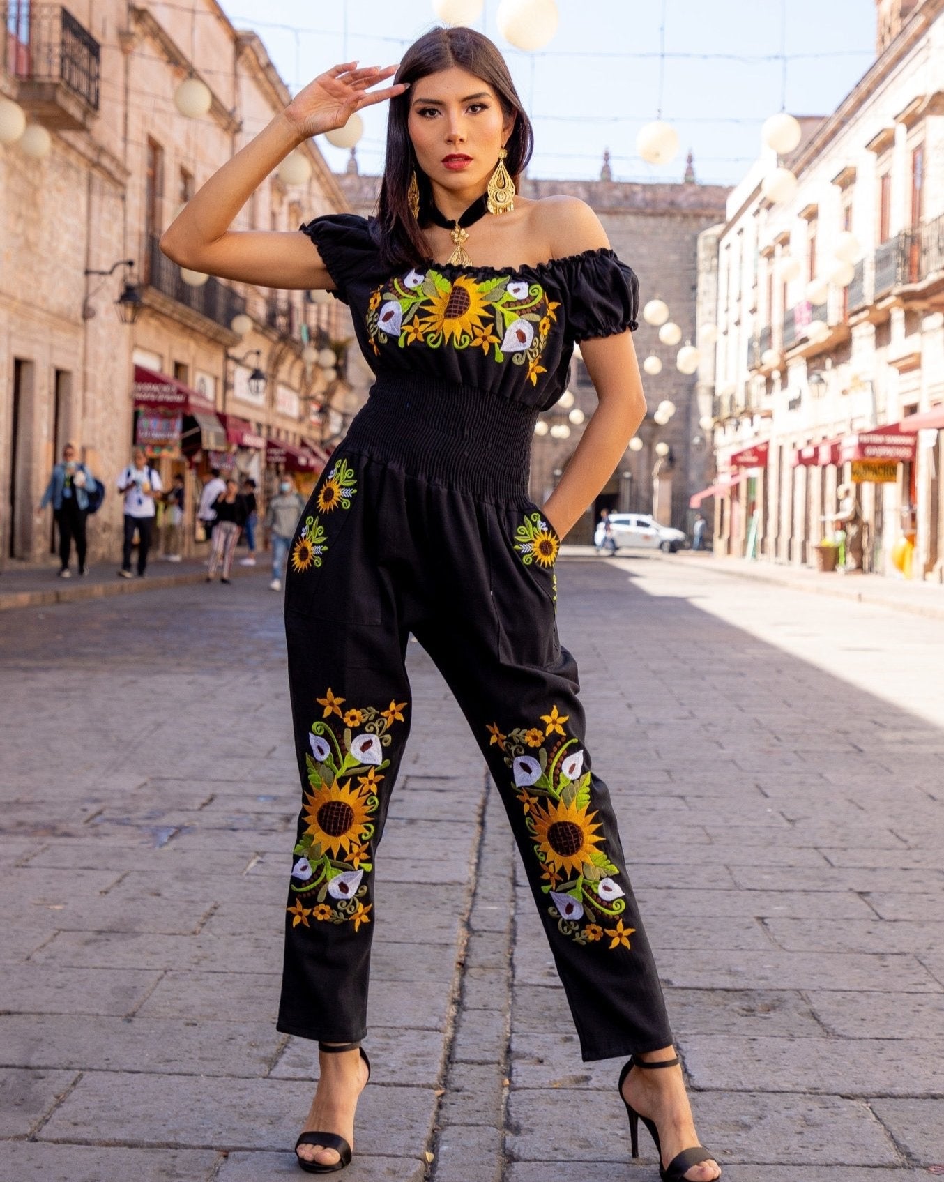 Mexican Sunflower Embroidered Jumpsuit. Jumpsuit Giovanna - Solei Store