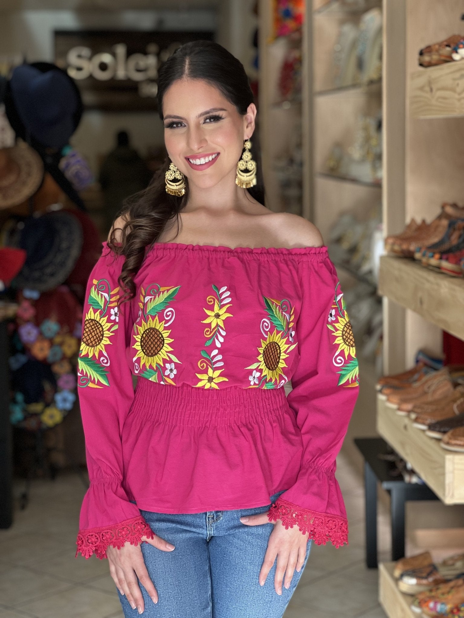 Mexican Sunflower embroidered top handmade elastic waist. Yamileth Blouse - Solei Store