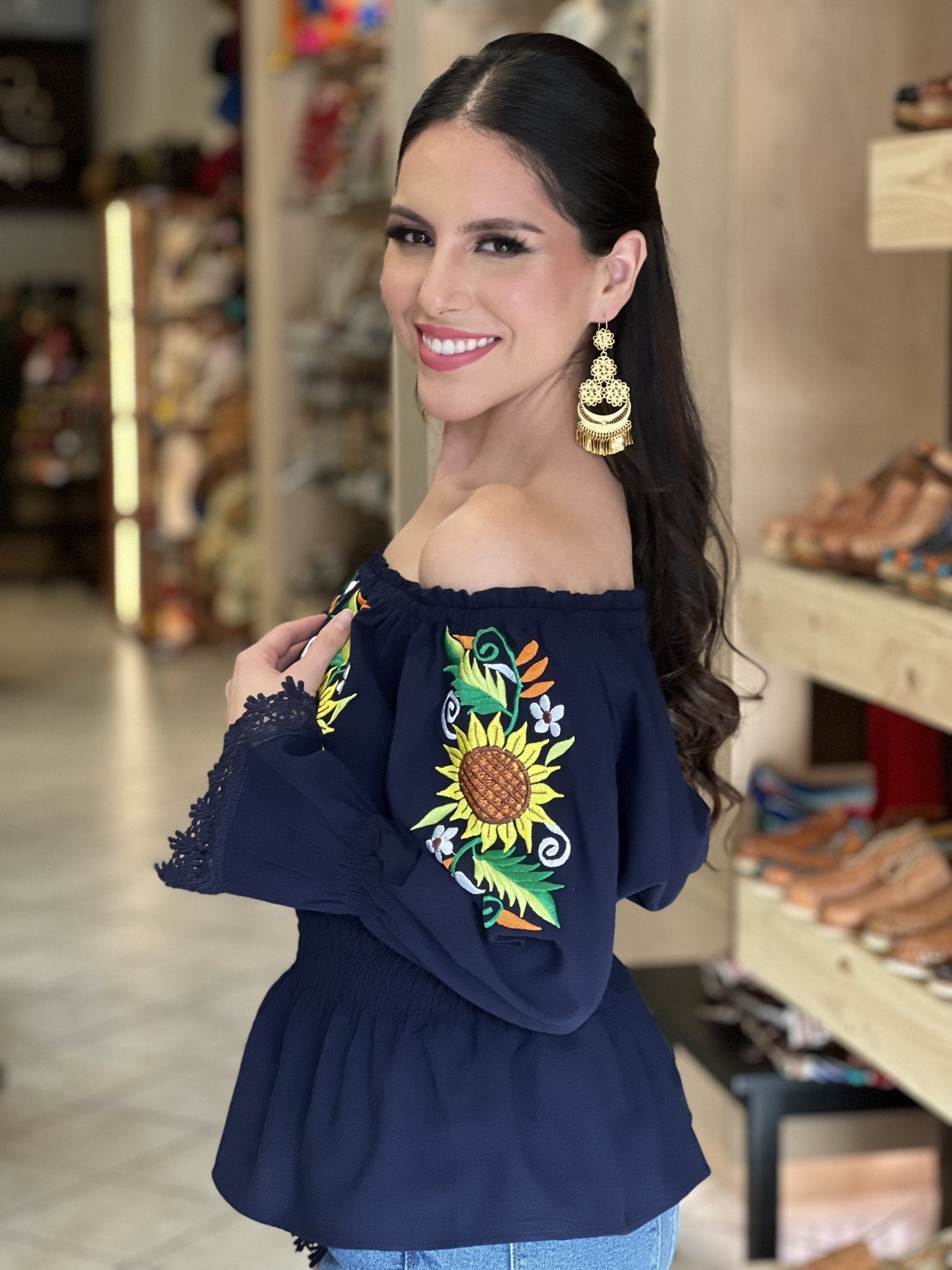 Mexican Sunflower embroidered top handmade elastic waist. Yamileth Blouse - Solei Store