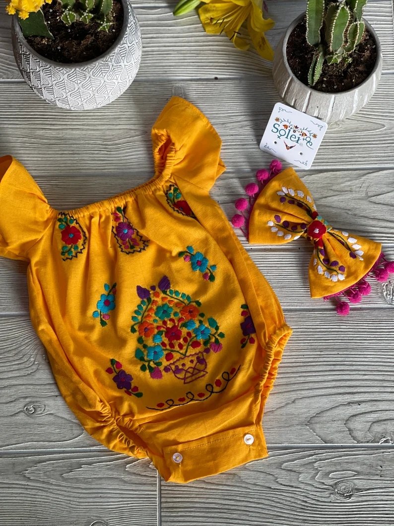 Mexican Traditional Baby Floral Hand Embroidered Bodysuit. Pañalero - Solei Store