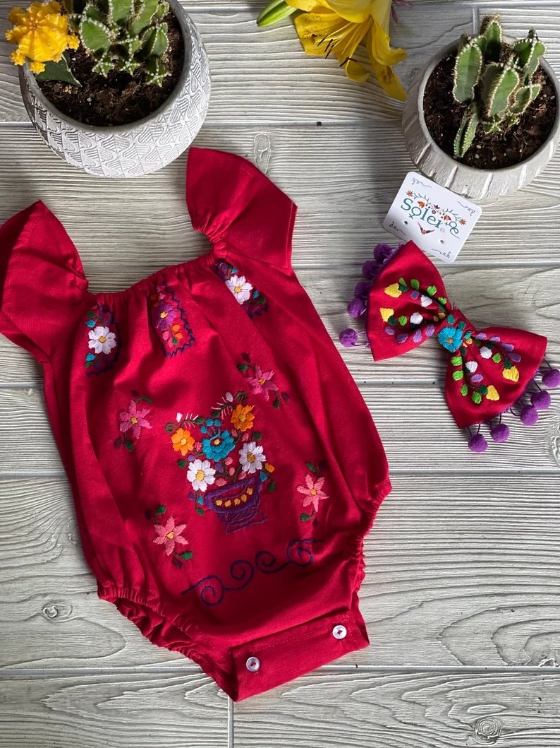 Mexican Traditional Baby Floral Hand Embroidered Bodysuit. Pañalero - Solei Store