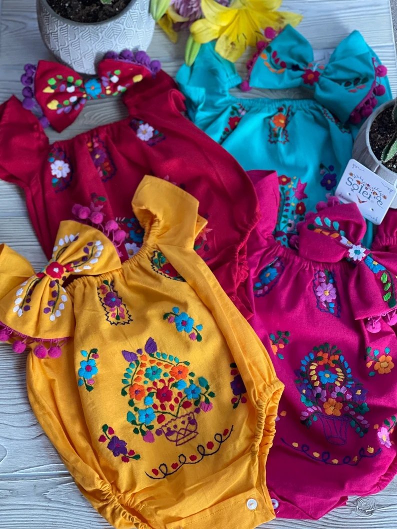Mexican Traditional Baby Floral Hand Embroidered Bodysuit. Pañalero - Solei Store