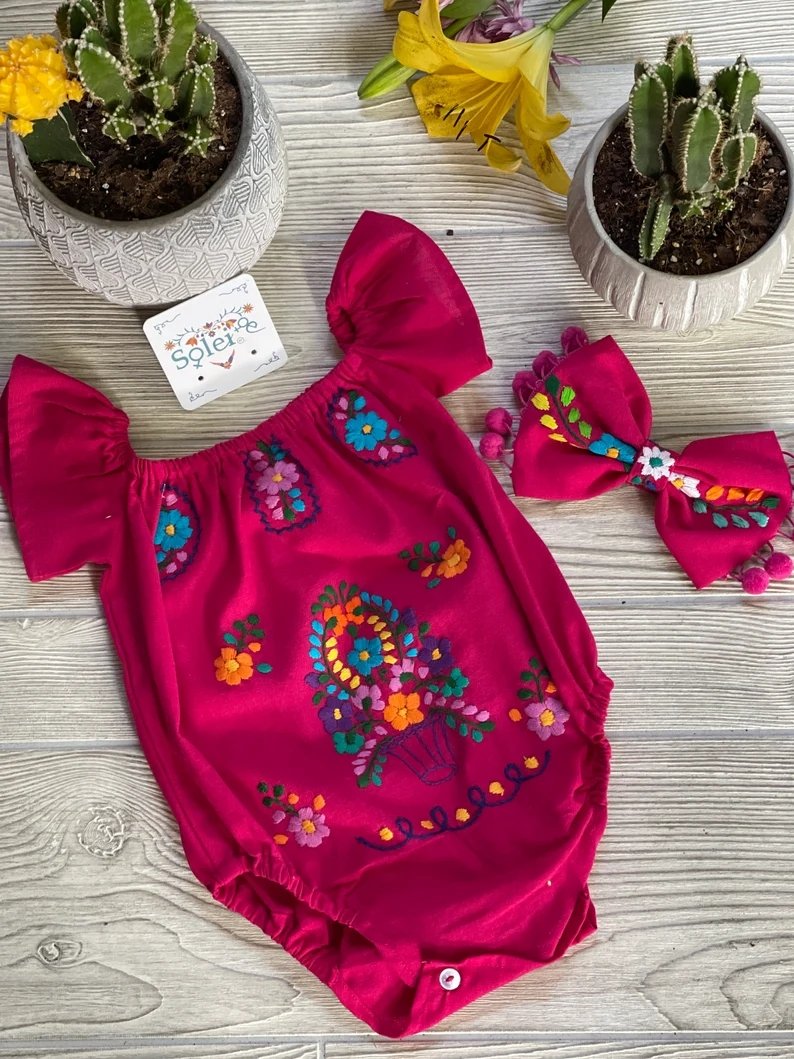 Mexican Traditional Baby Floral Hand Embroidered Bodysuit. Pañalero - Solei Store