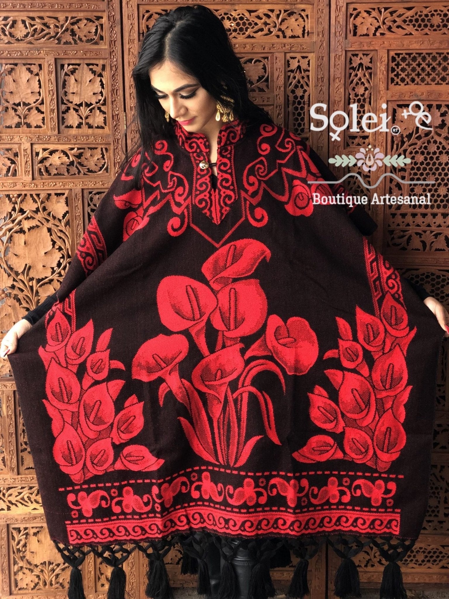 Mexican Traditional Calla Lily Poncho Red