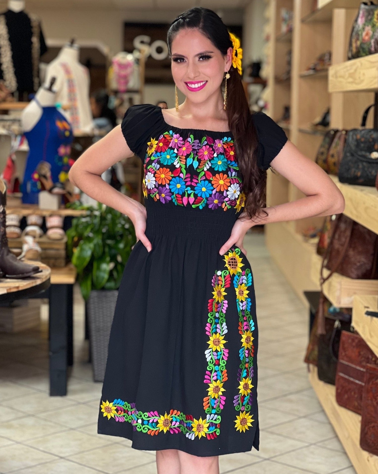 Mexican Traditional Embroidered Dress in Black with multicolor embroidery