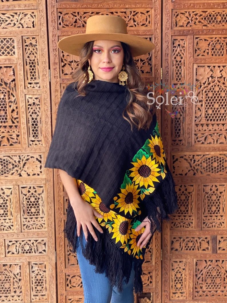 Mexican Traditional Embroidered Shawl. Rebozo Girasoles - Solei Store