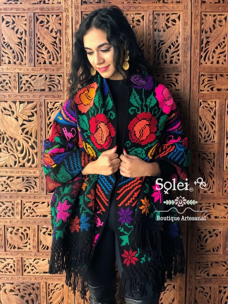 Mexican Traditional Embroidered Shawl. Rebozo Pavo Doble - Solei Store