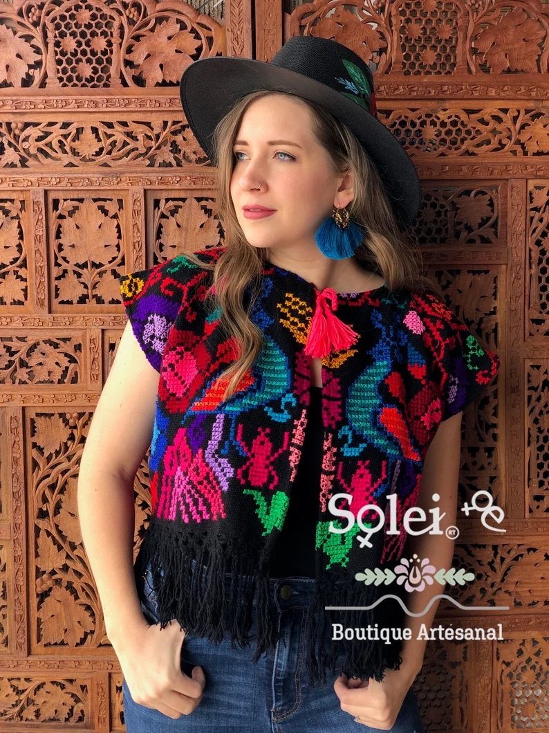 Mexican Traditional Floral Embroidered Vest. Torera Artesanal - Solei Store