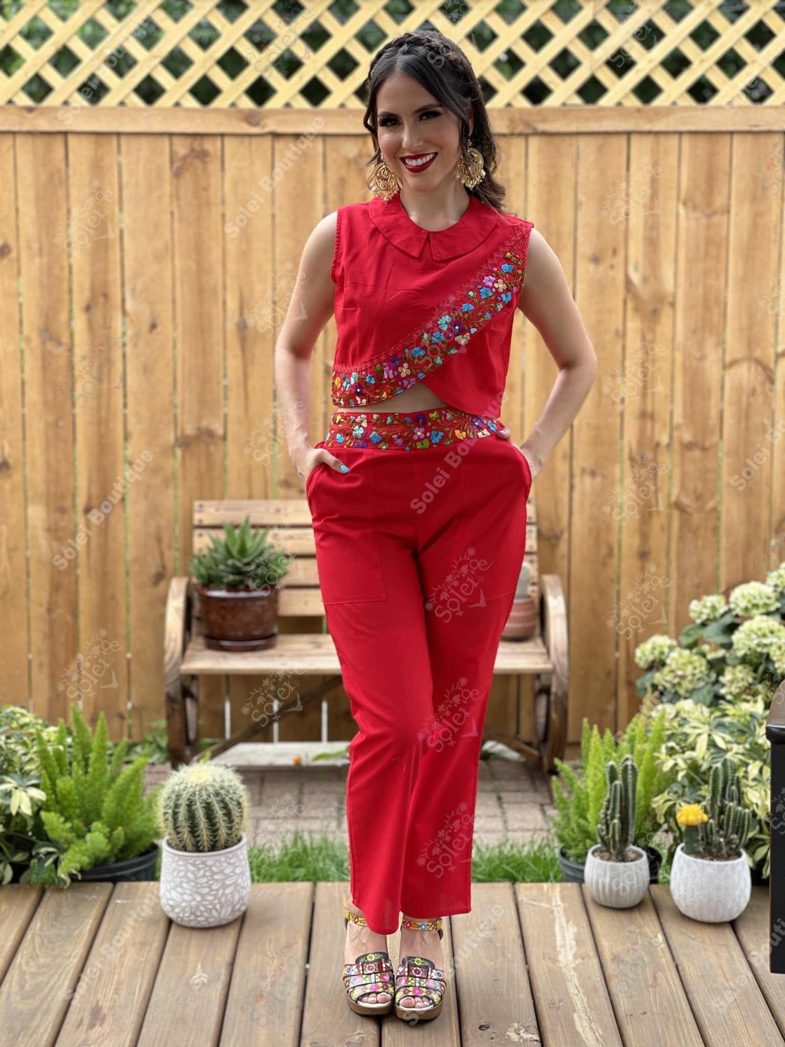 Mexican Two Piece Jumpsuit Leonora. Hand Embroidered Floral Jumpsuit. - Solei Store