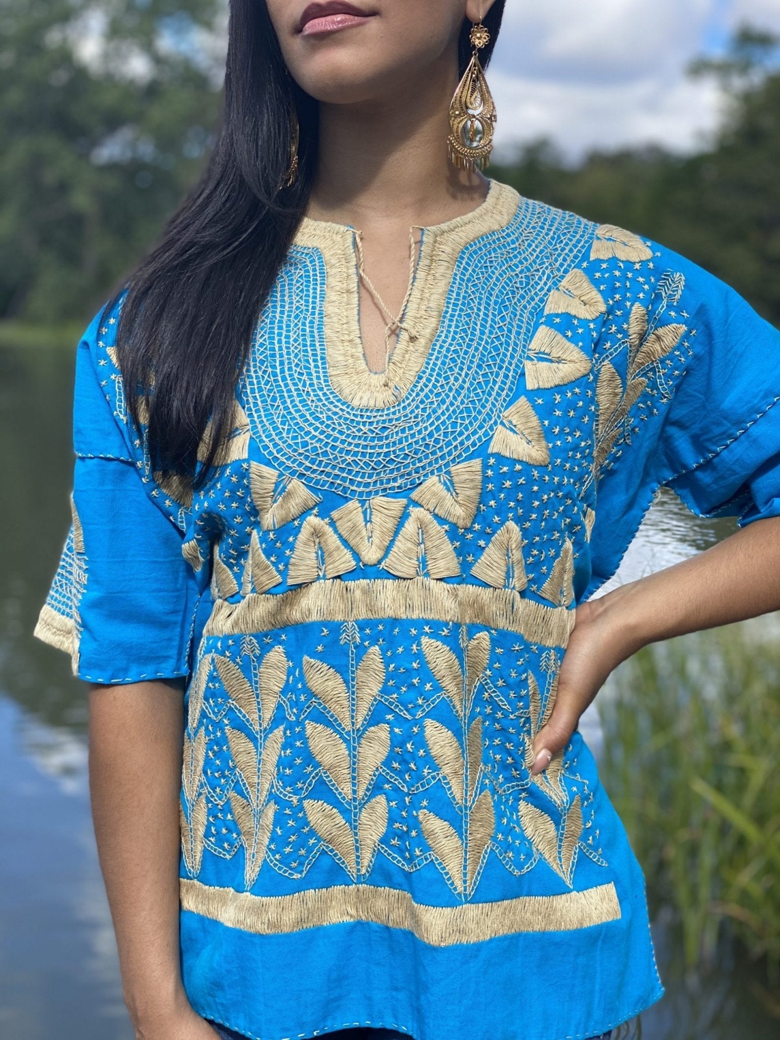 Milpas Dorada Blouse 3/4 sleeve blouse. Lace up blouse. Hand embroidered Mexican design in gold color. - Solei Store