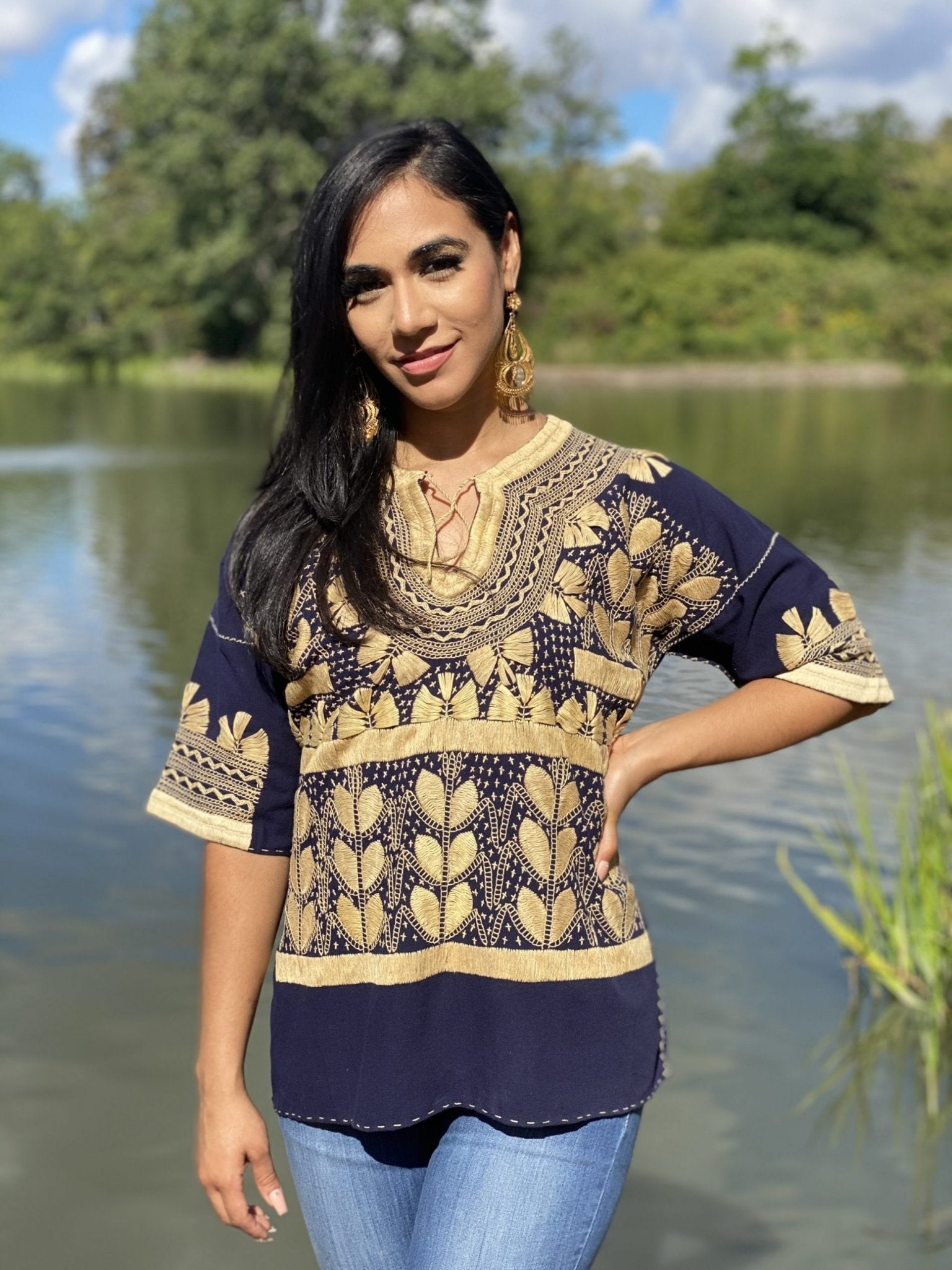 Milpas Dorada Blouse 3/4 sleeve blouse. Lace up blouse. Hand embroidered Mexican design in gold color. - Solei Store