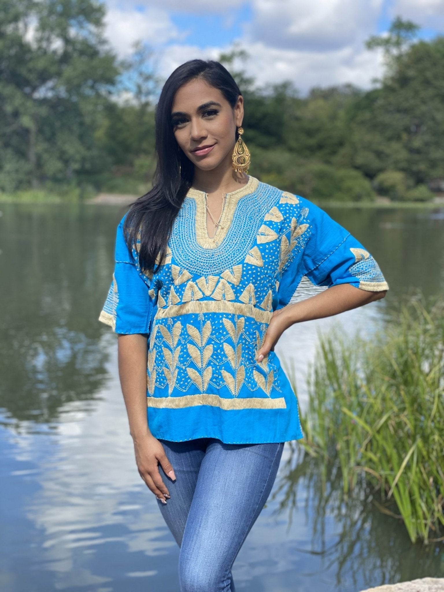 Milpas Dorada Blouse 3/4 sleeve blouse. Lace up blouse. Hand embroidered Mexican design in gold color. - Solei Store