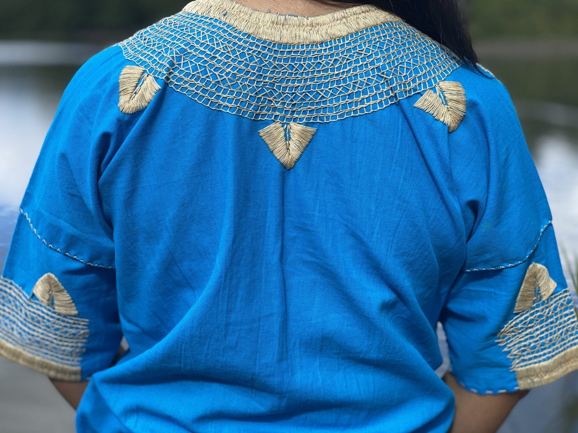 Milpas Dorada Blouse 3/4 sleeve blouse. Lace up blouse. Hand embroidered Mexican design in gold color. - Solei Store