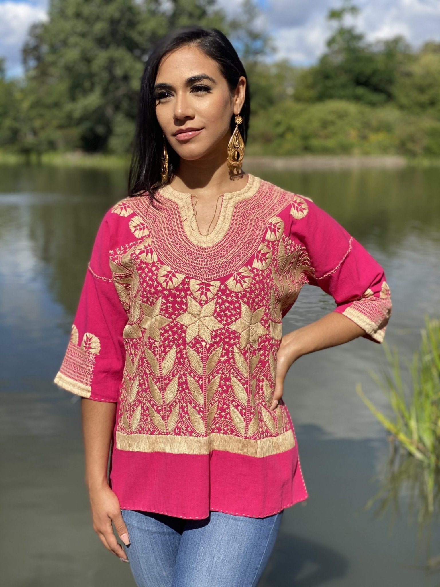 Milpas Dorada Blouse 3/4 sleeve blouse. Lace up blouse. Hand embroidered Mexican design in gold color. - Solei Store