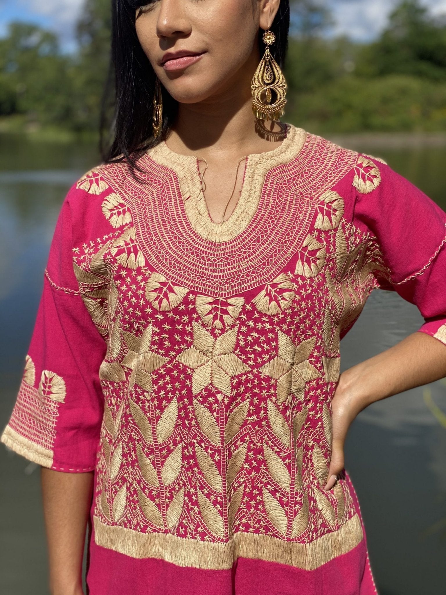 Milpas Dorada Blouse 3/4 sleeve blouse. Lace up blouse. Hand embroidered Mexican design in gold color. - Solei Store