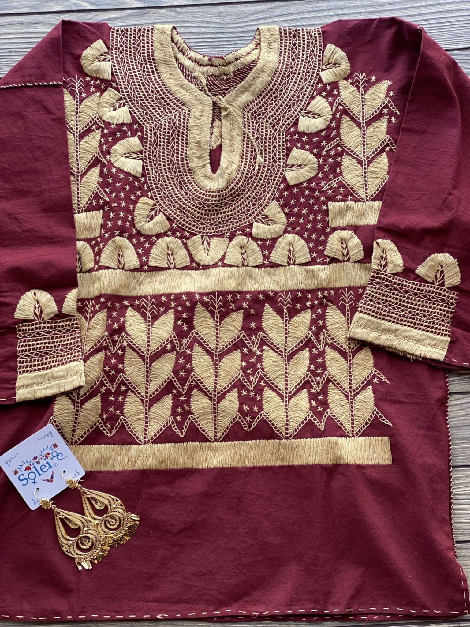 Milpas Dorada Blouse 3/4 sleeve blouse. Lace up blouse. Hand embroidered Mexican design in gold color. - Solei Store