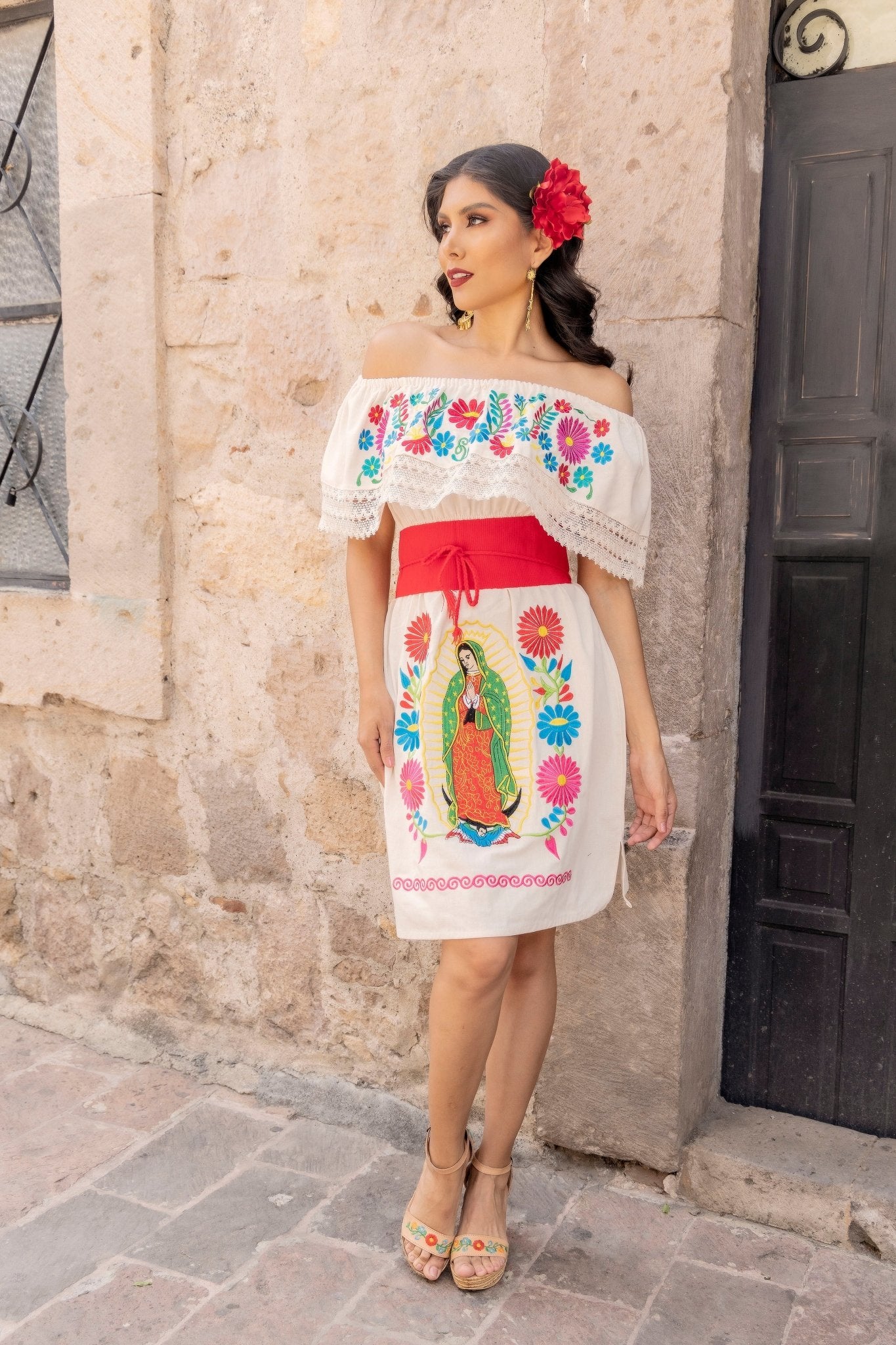 Traditional Mexican Virgen de Guadalupe Dress in Beige