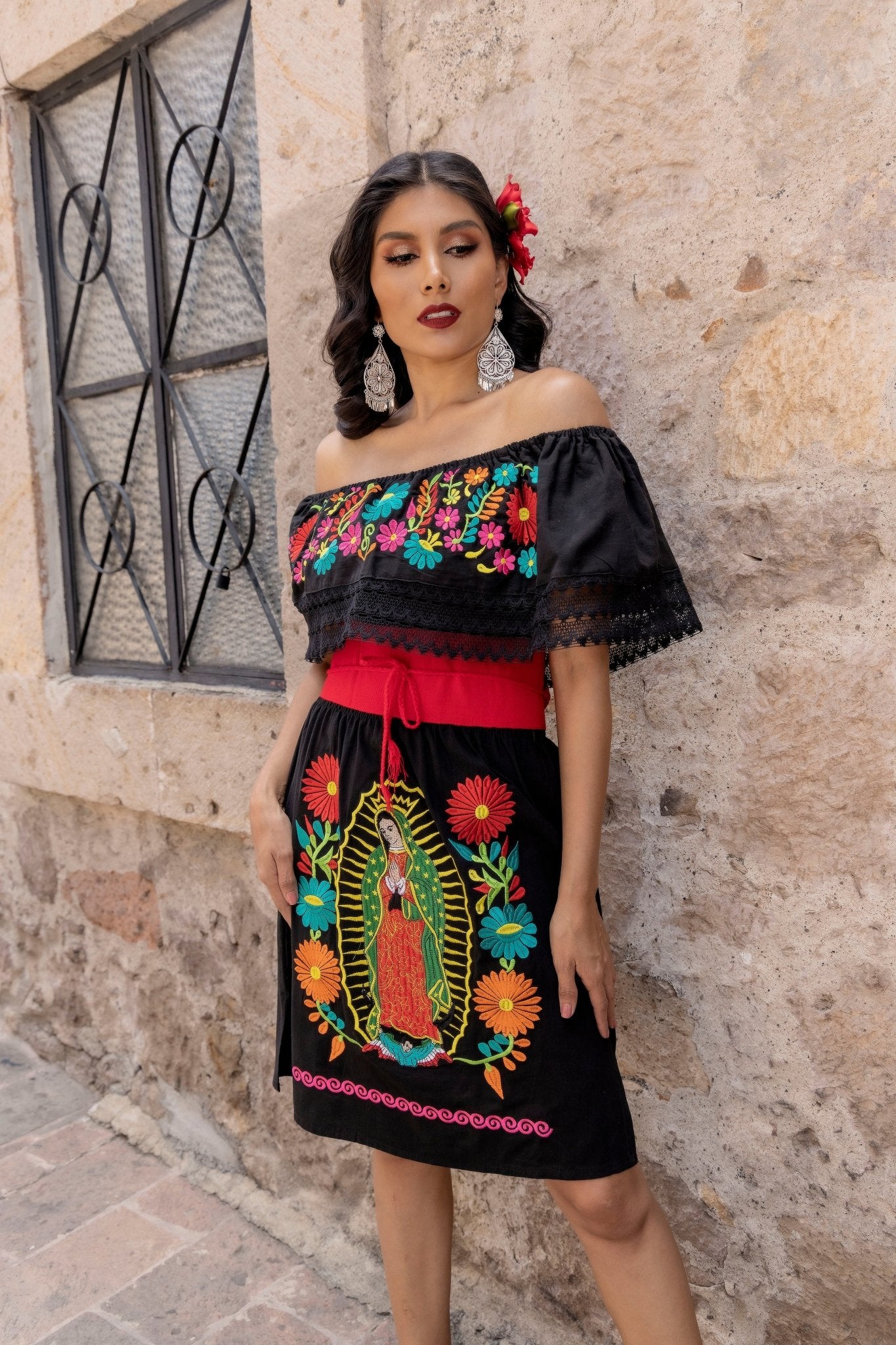 Traditional Mexican Virgen de Guadalupe Dress in  Black