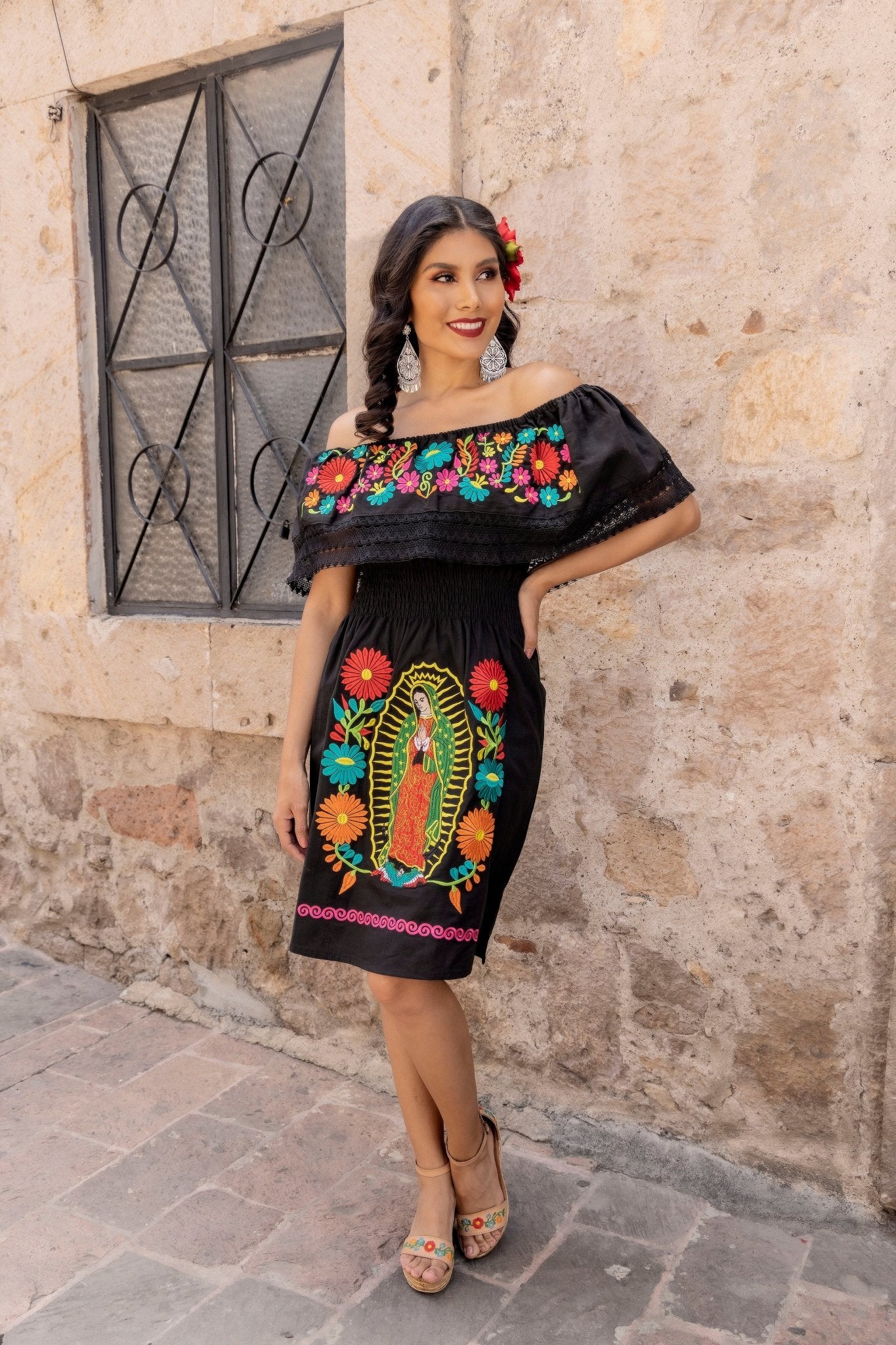 Traditional Mexican Virgen de Guadalupe Dress in  Black