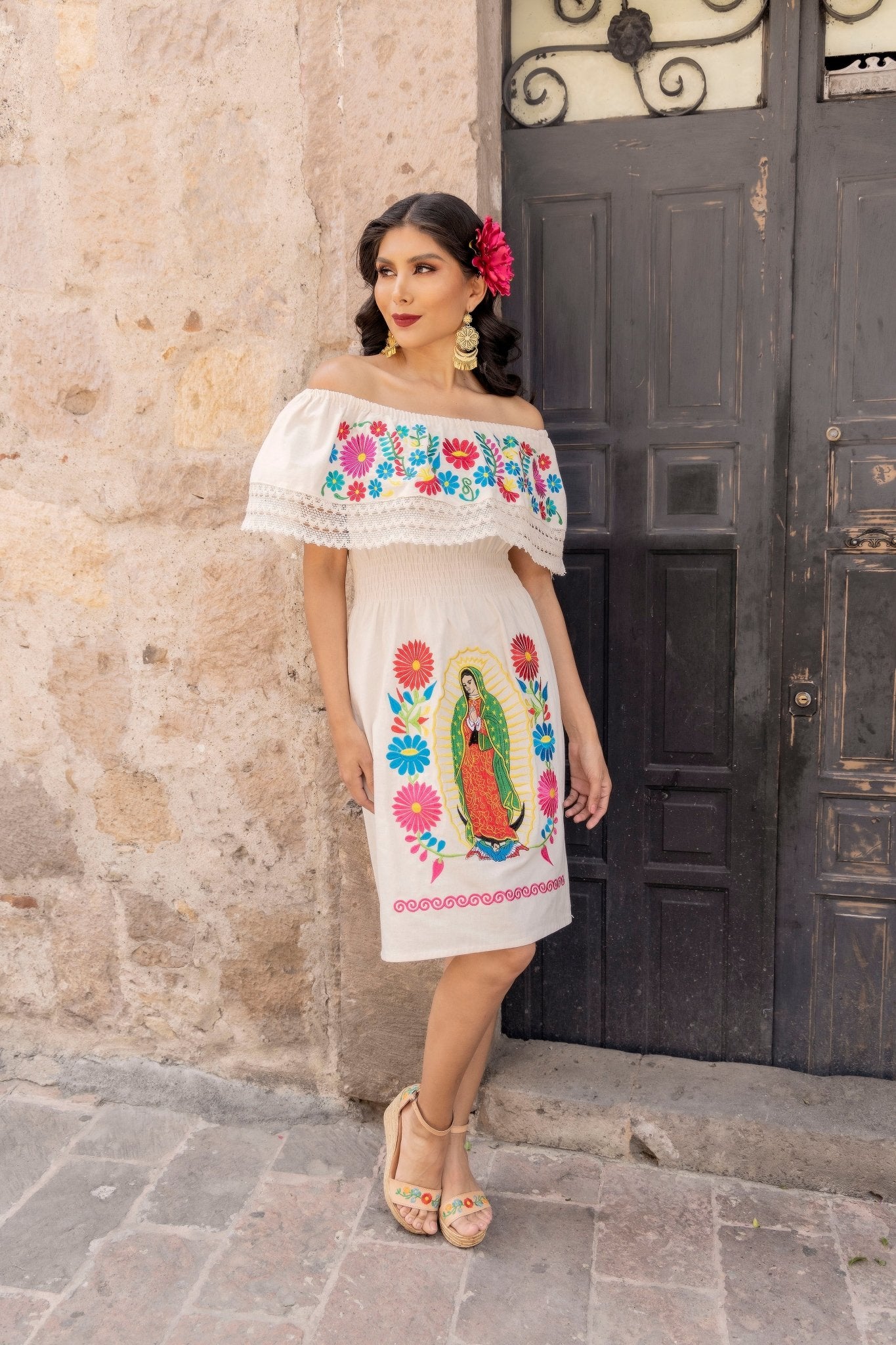 Traditional Mexican Virgen de Guadalupe Dress in  Beige