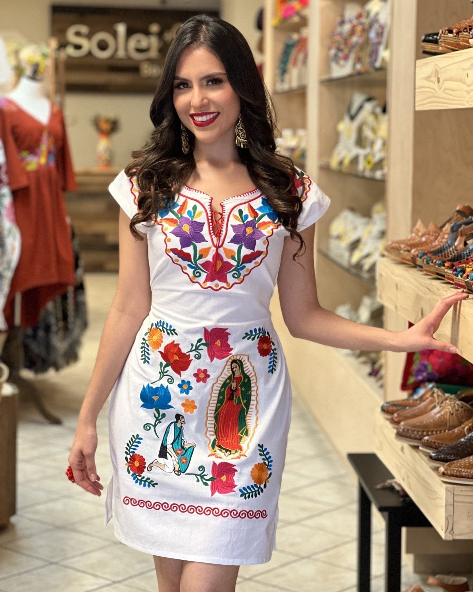 Our Lady of Guadalupe Mexican Embroidered Dress. Kimono de la Virgen. - Solei Store