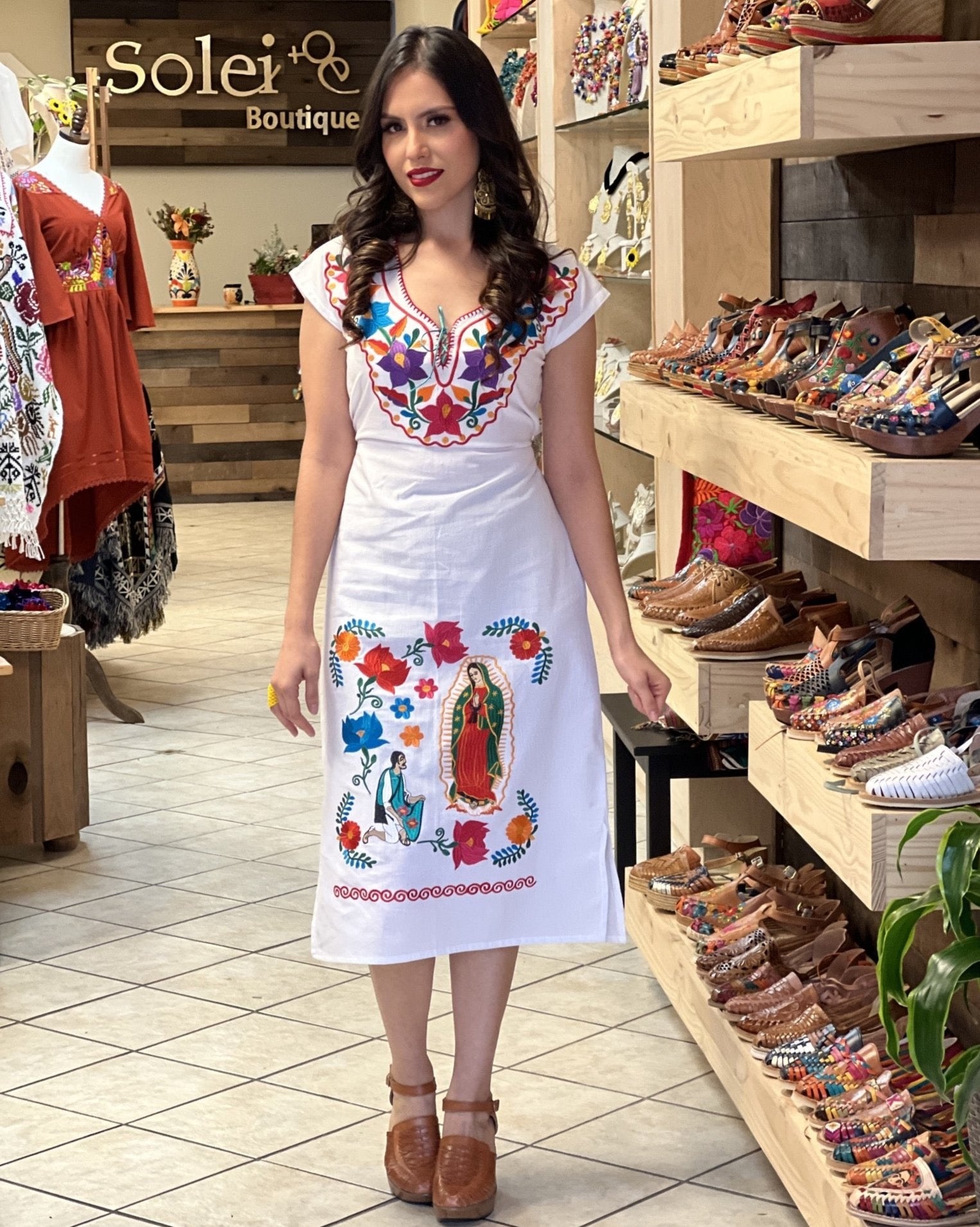Our Lady of Guadalupe Mexican Embroidered Dress. Kimono de la Virgen Largo. - Solei Store