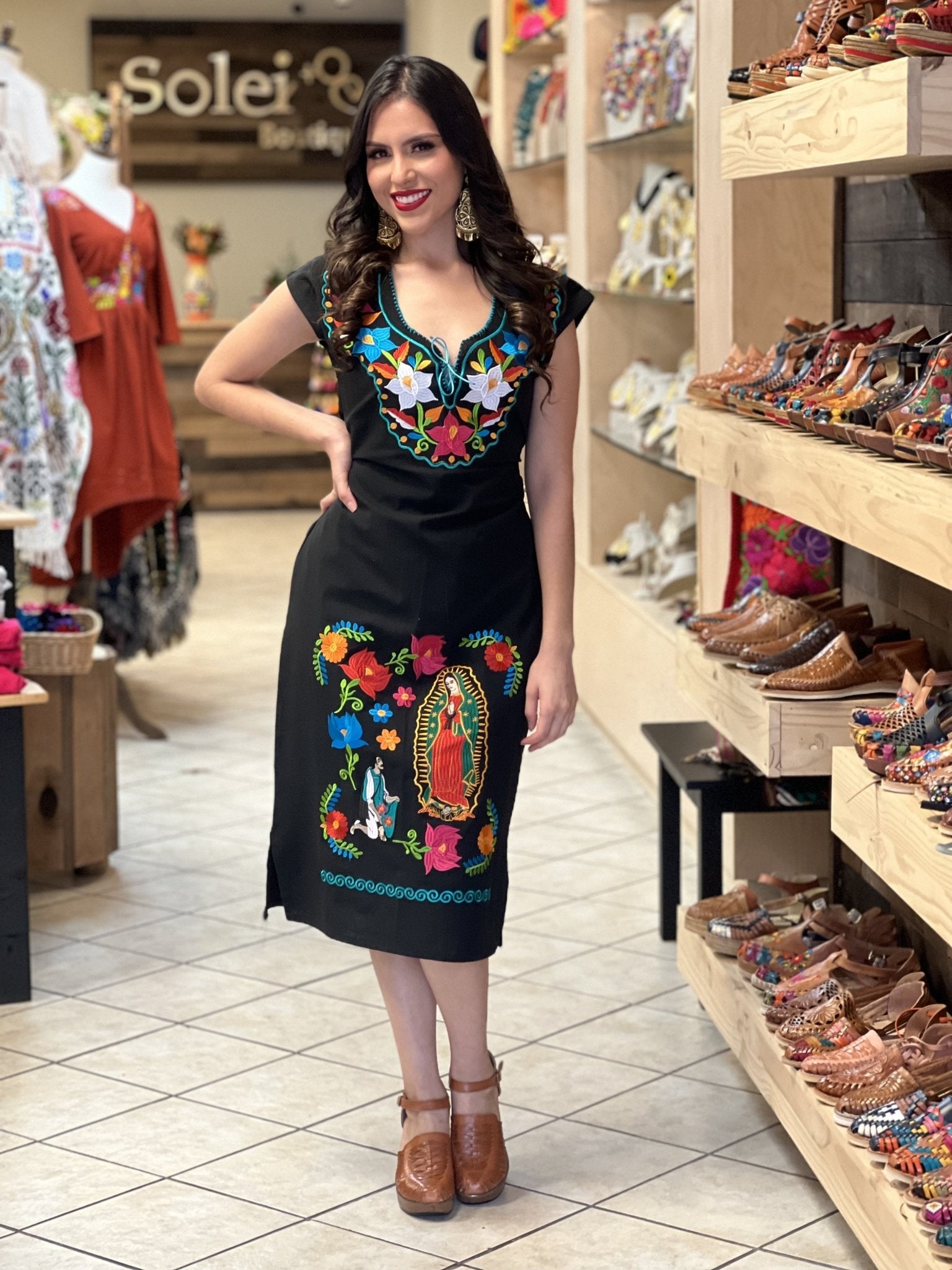 Our Lady of Guadalupe Mexican Embroidered Dress. Kimono de la Virgen Largo. - Solei Store