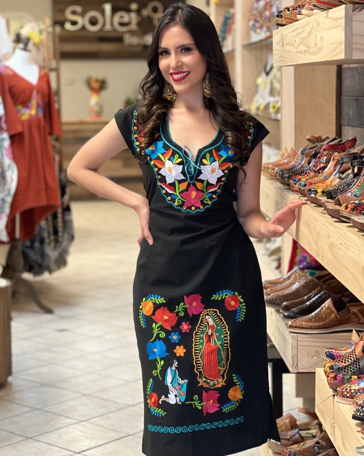 Our Lady of Guadalupe Mexican Embroidered Dress. Kimono de la Virgen Largo. - Solei Store