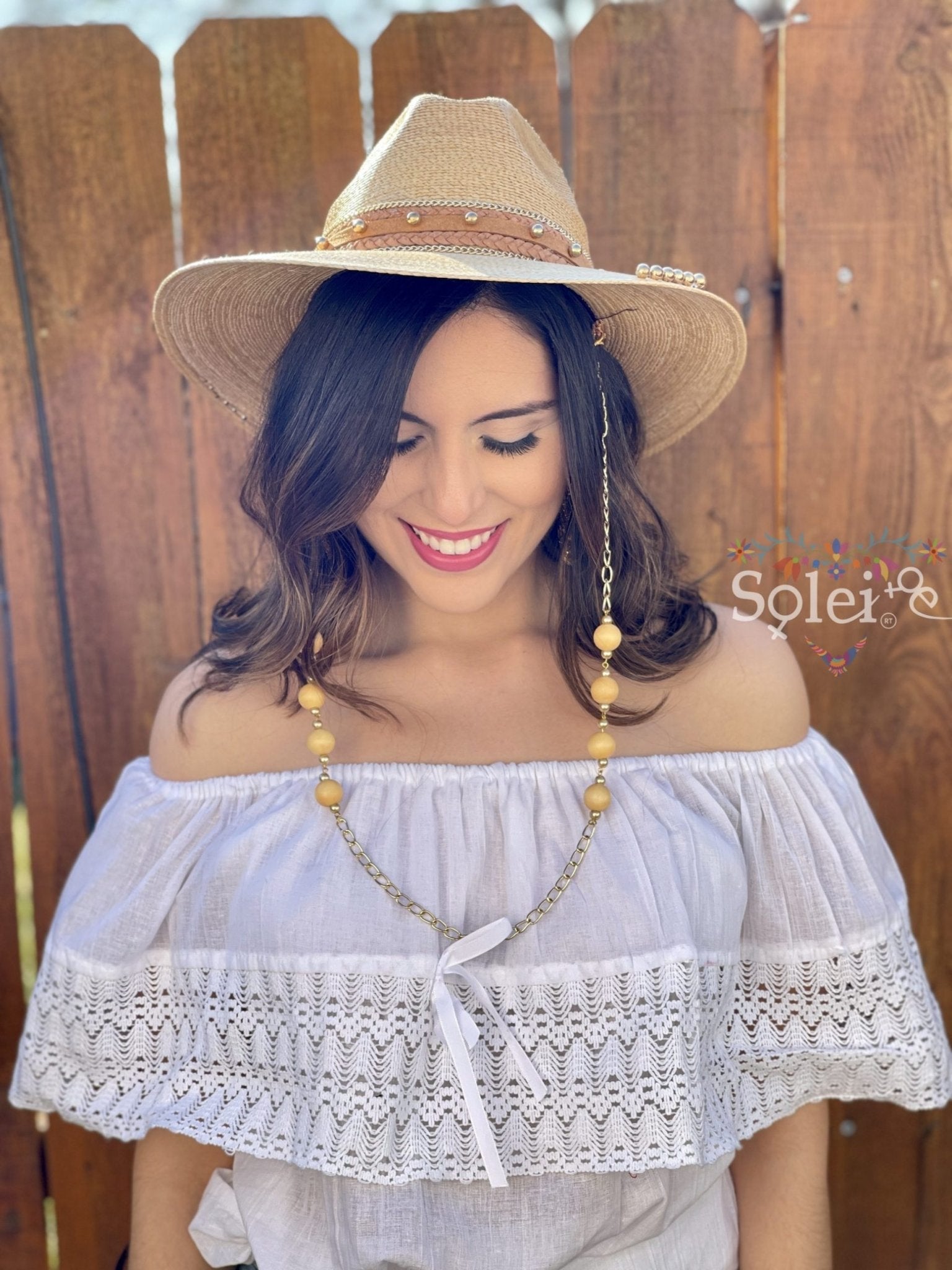 Perlas Doradas Sombrero. Mexican Palm Hat with Golden Pearls. - Solei Store