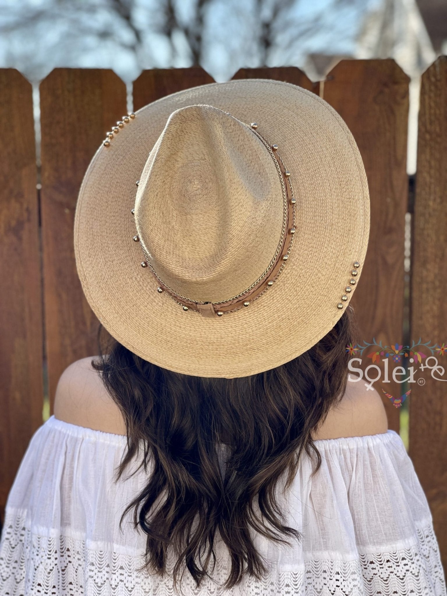 Perlas Doradas Sombrero. Mexican Palm Hat with Golden Pearls. - Solei Store