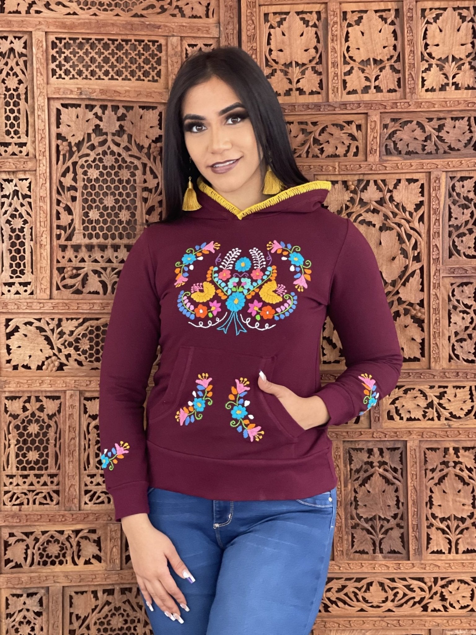 Poblana Hoodie Hand embroidered floral design hoodie, cotton Mexican design hoodie. - Solei Store