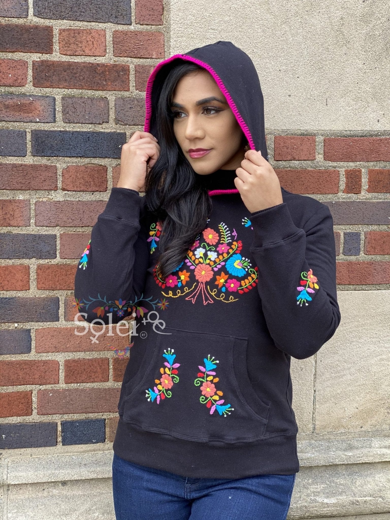 Poblana Hoodie Hand embroidered floral design hoodie, cotton Mexican design hoodie. - Solei Store