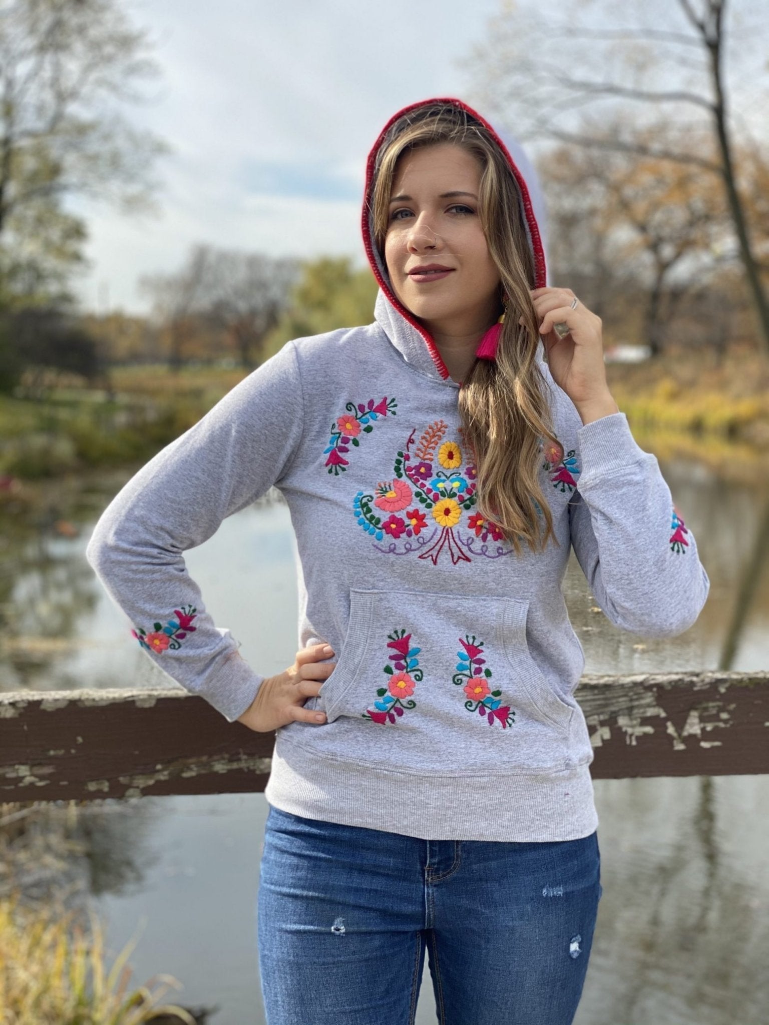 Poblana Hoodie Hand embroidered floral design hoodie, cotton Mexican design hoodie. - Solei Store